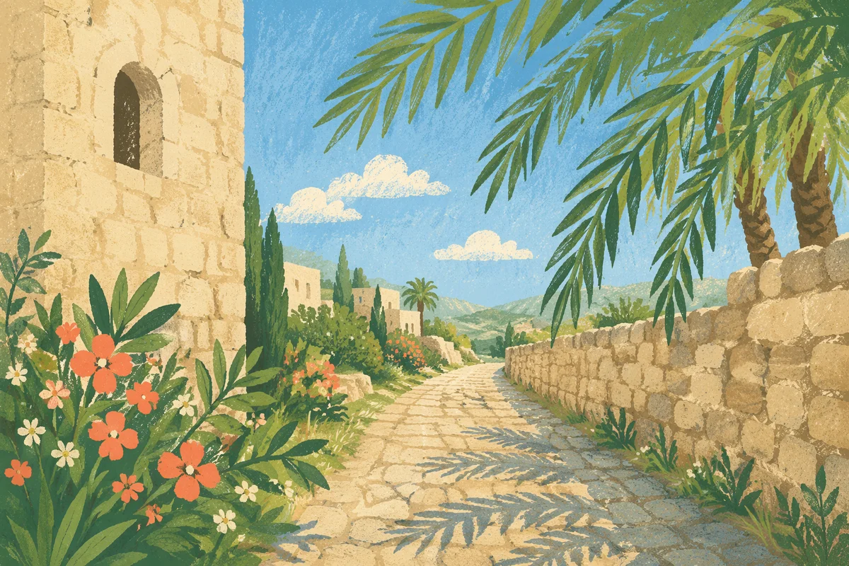 Palm Branches Over Sunlit Stone Path