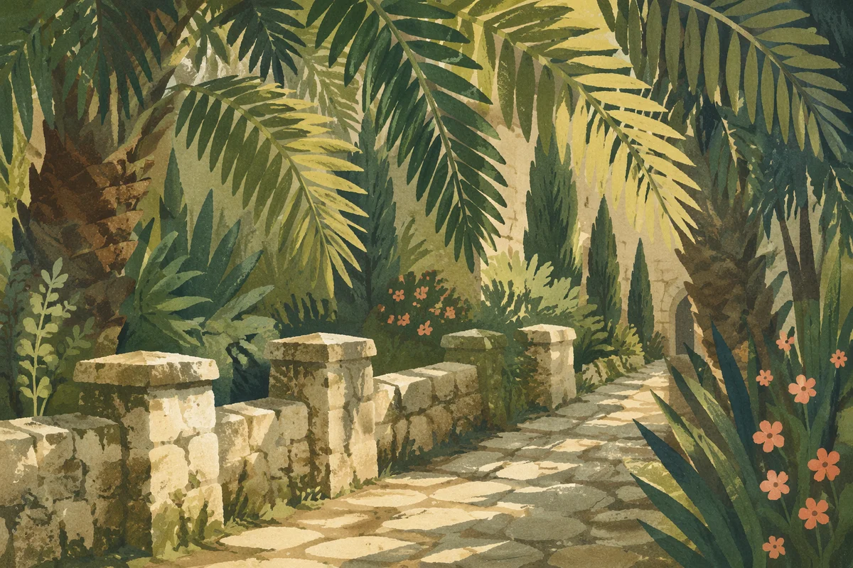 Palm Branches Over Rustic Stone Path
