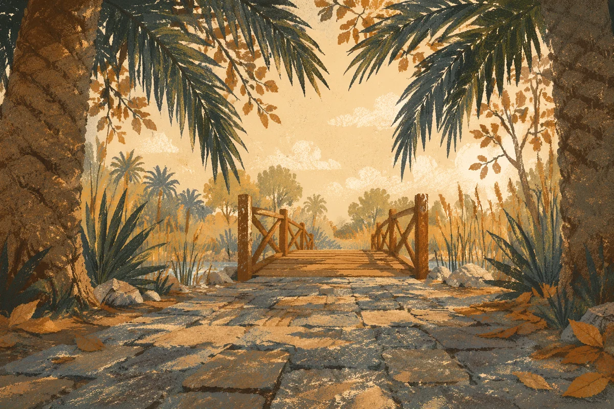 Palm Branches Along Autumn Stone Path