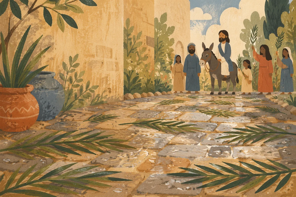 Palm Branches on Rainwashed Stone Path