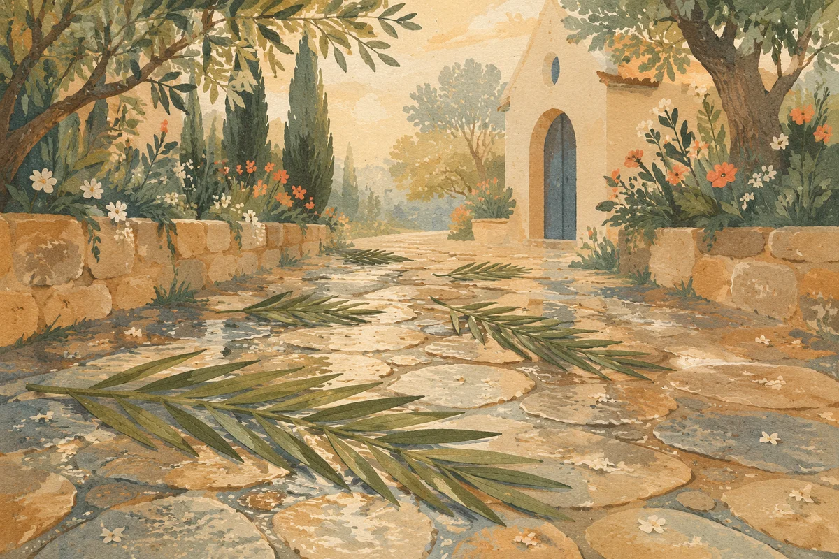 Palm Branches on Rainwashed Chapel Path