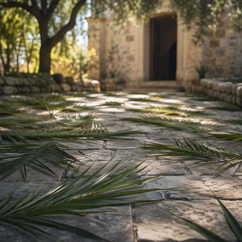 Palm Branches on Weathered Stone Path