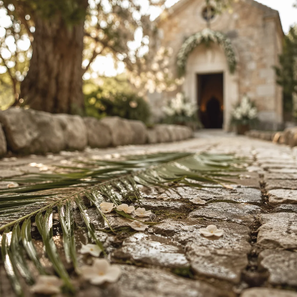 Palm Branches on Rain Kissed Chapel Path