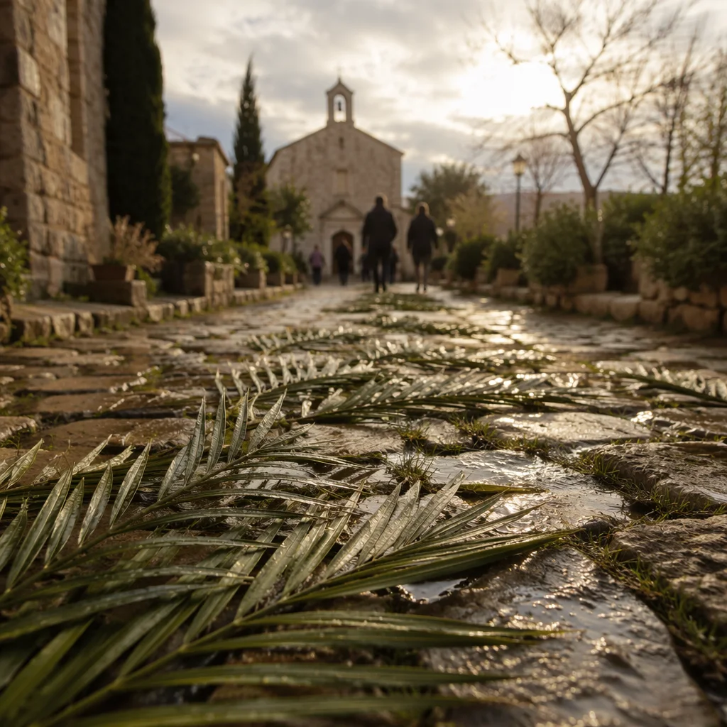 Palm Branches on Rain-Kissed Chapel Path