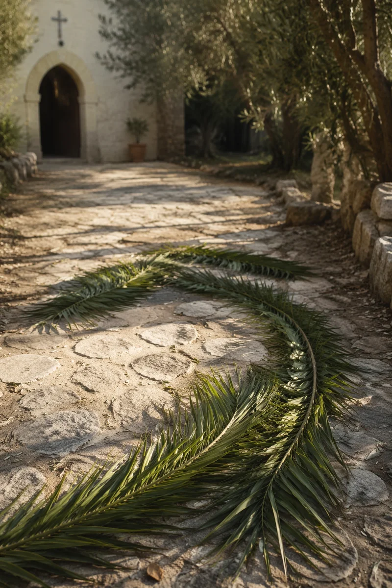 Palm Branches on Chapel Stone Path