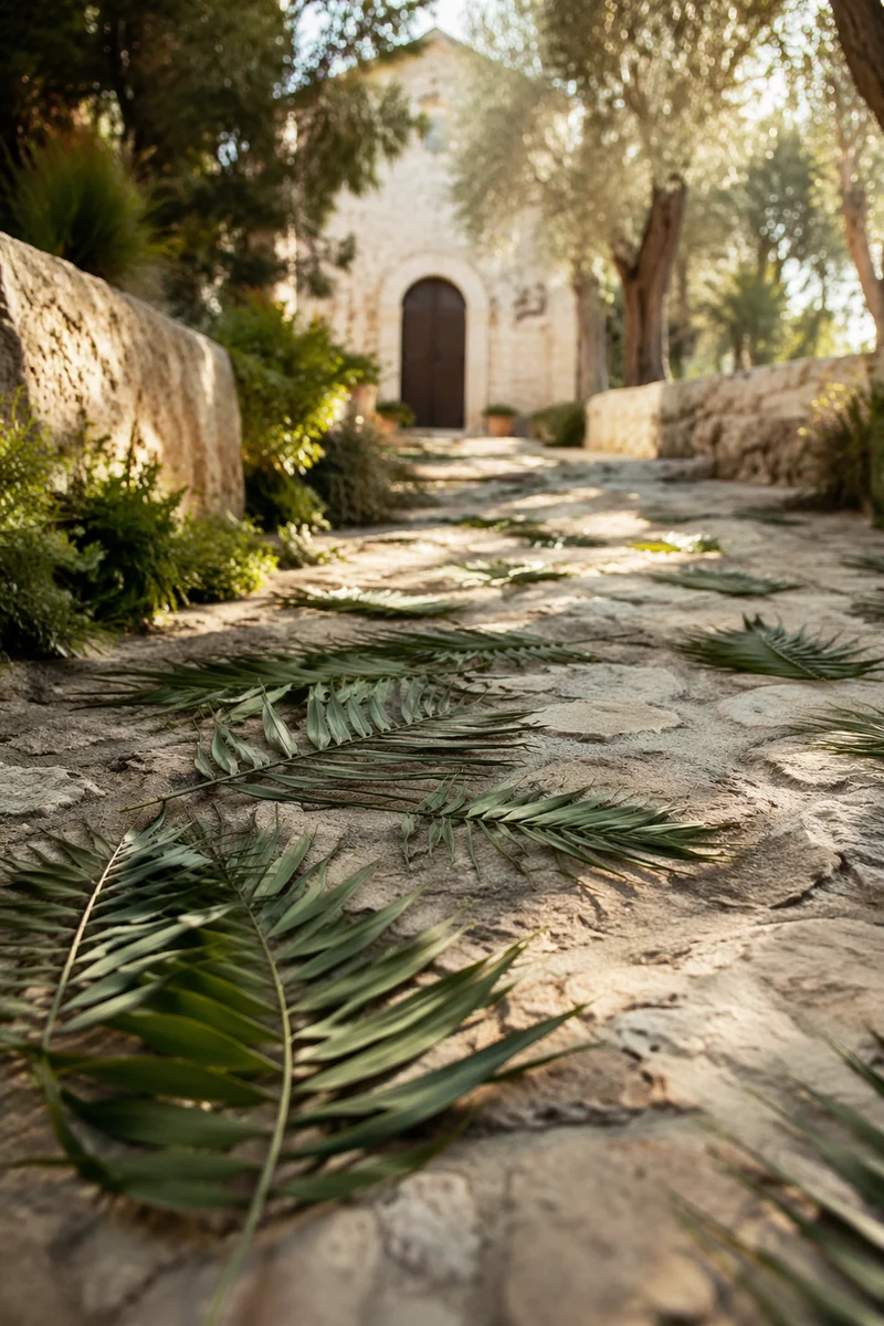 Palm Branches on a Stone Chapel Path