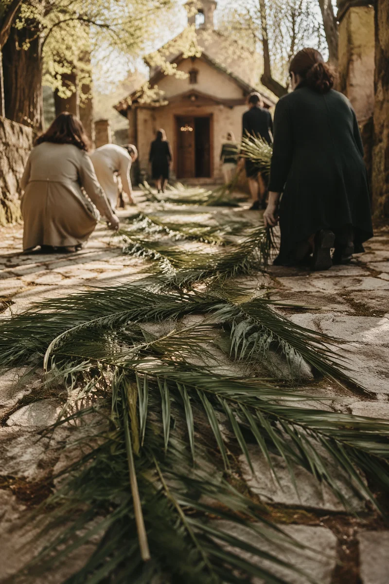 Palm Branches on Stone Path to Chapel