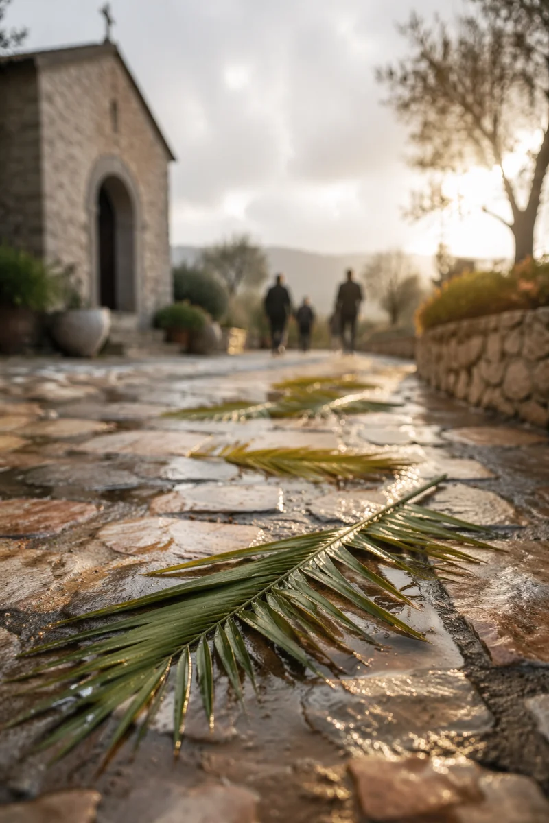 Palm Branches on Rain-Kissed Chapel Path