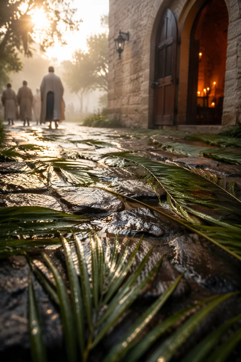 Palm Branches on Rainy Chapel Path