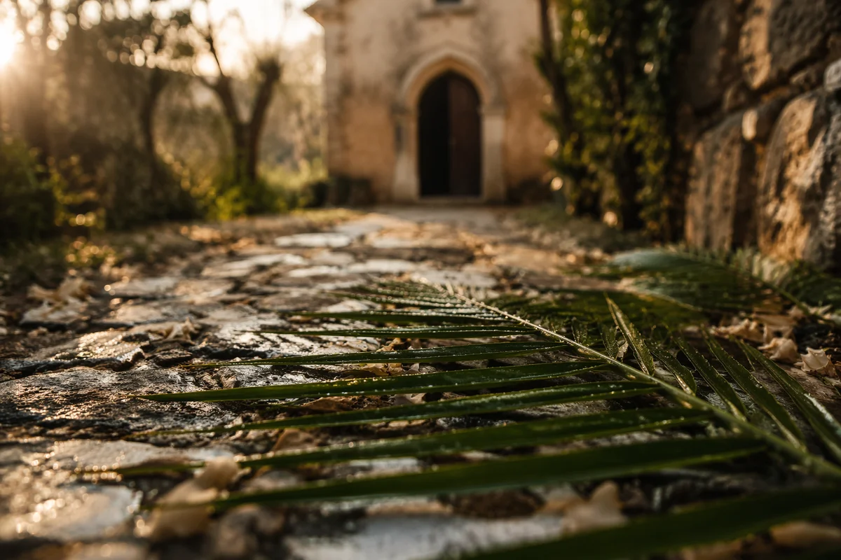 Palm Branches on Rain-Kissed Chapel Path