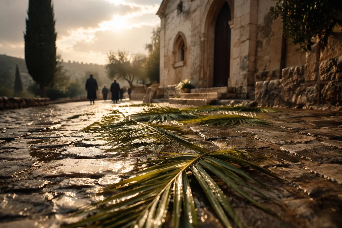 Palm Branches on Rain-Kissed Chapel Path