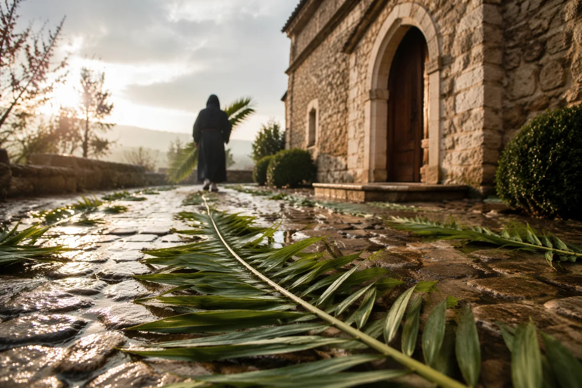 Palm Branches on Rainy Chapel Stone Path