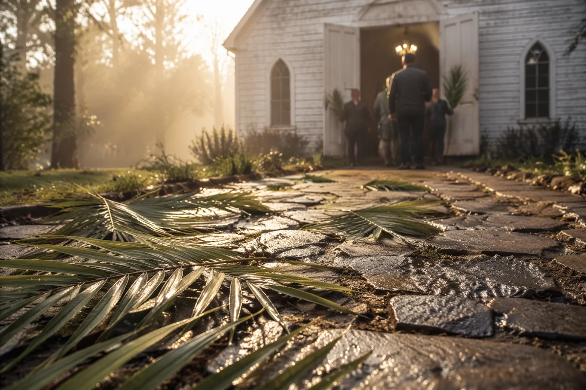 Palm Branches on Stone Chapel Path
