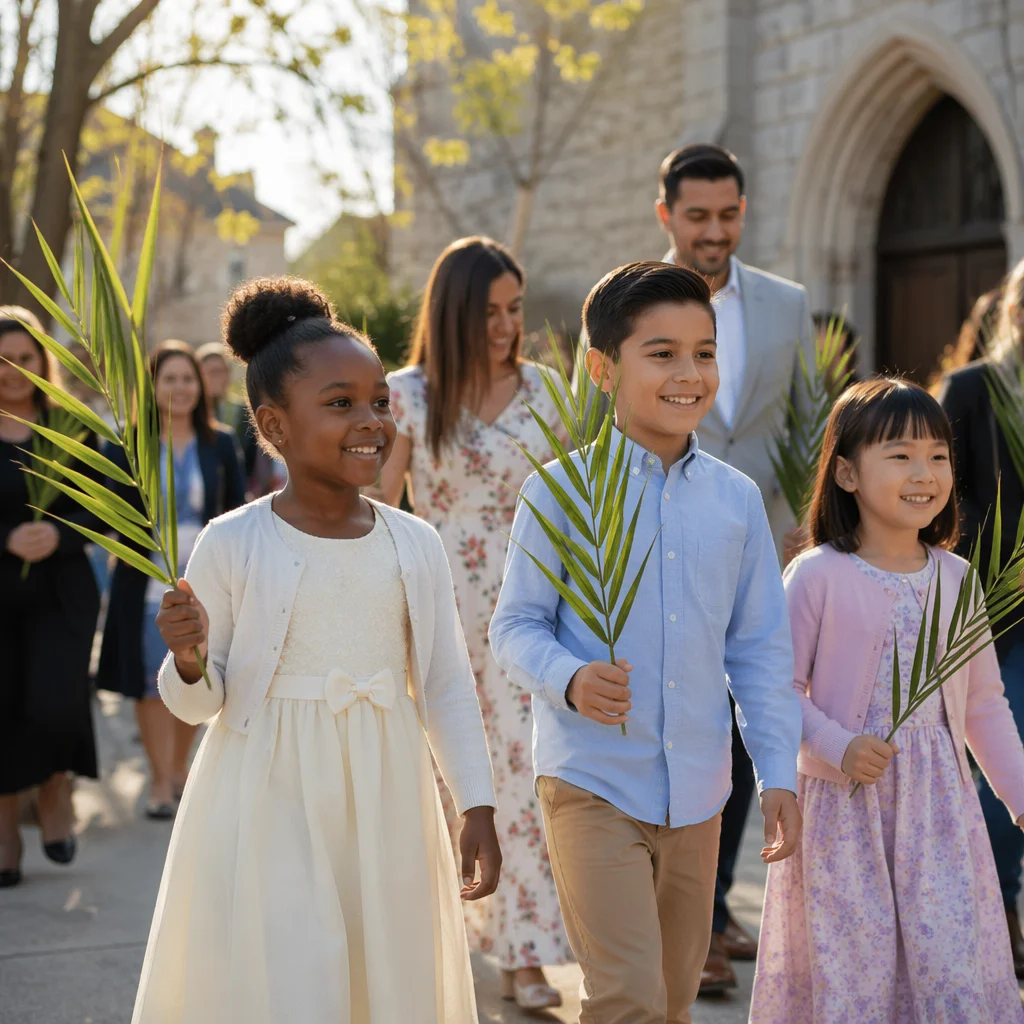 Children Waving Palm Branches Near Church