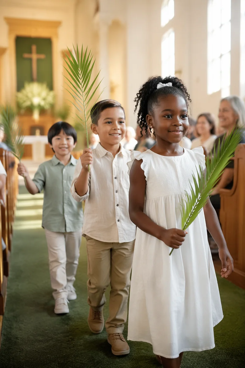 Children Waving Palm Branches in Church