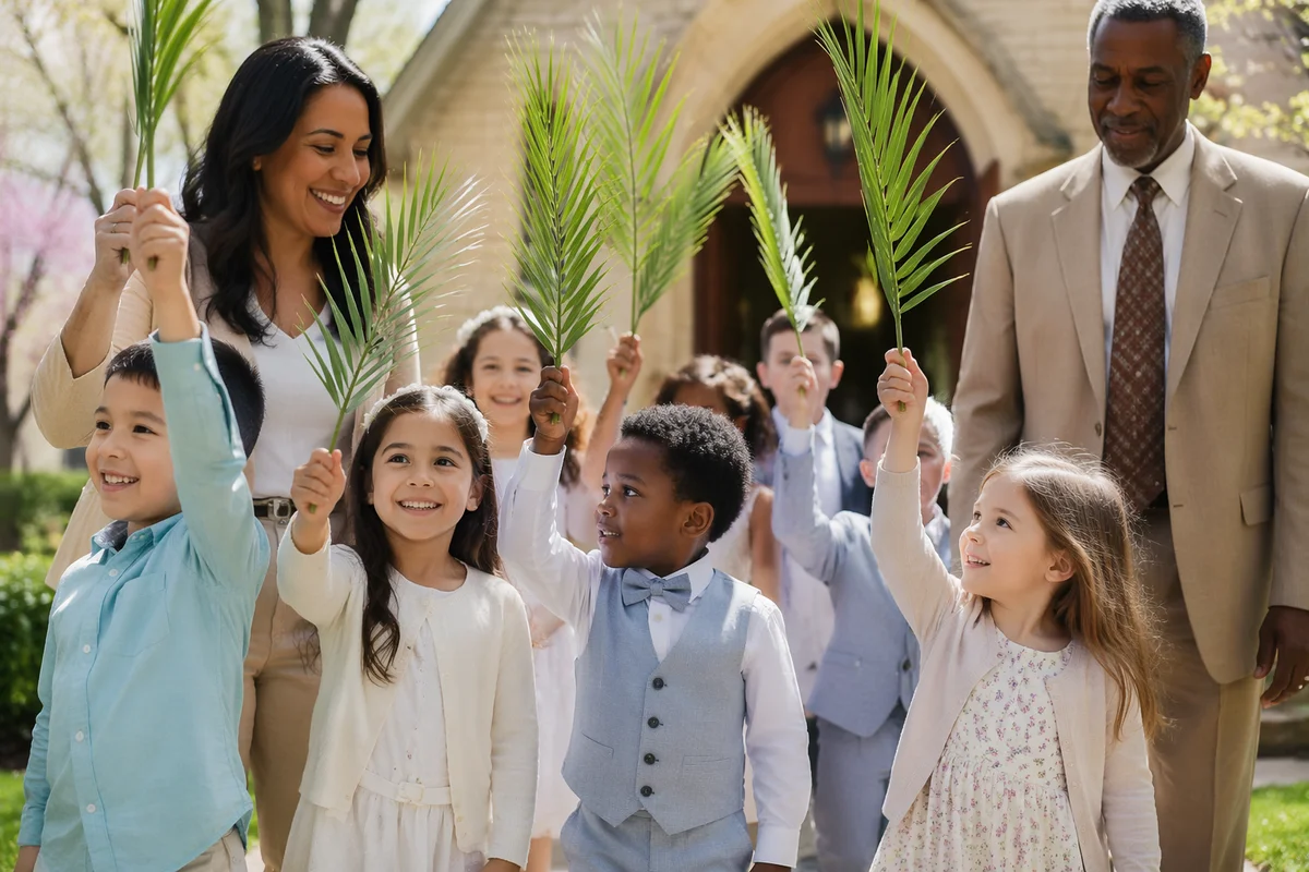 Children Waving Palm Branches Outside Chapel