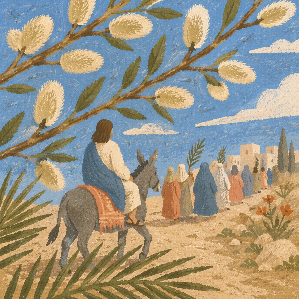 Palm Sunday Donkey on Cloaked Village Path