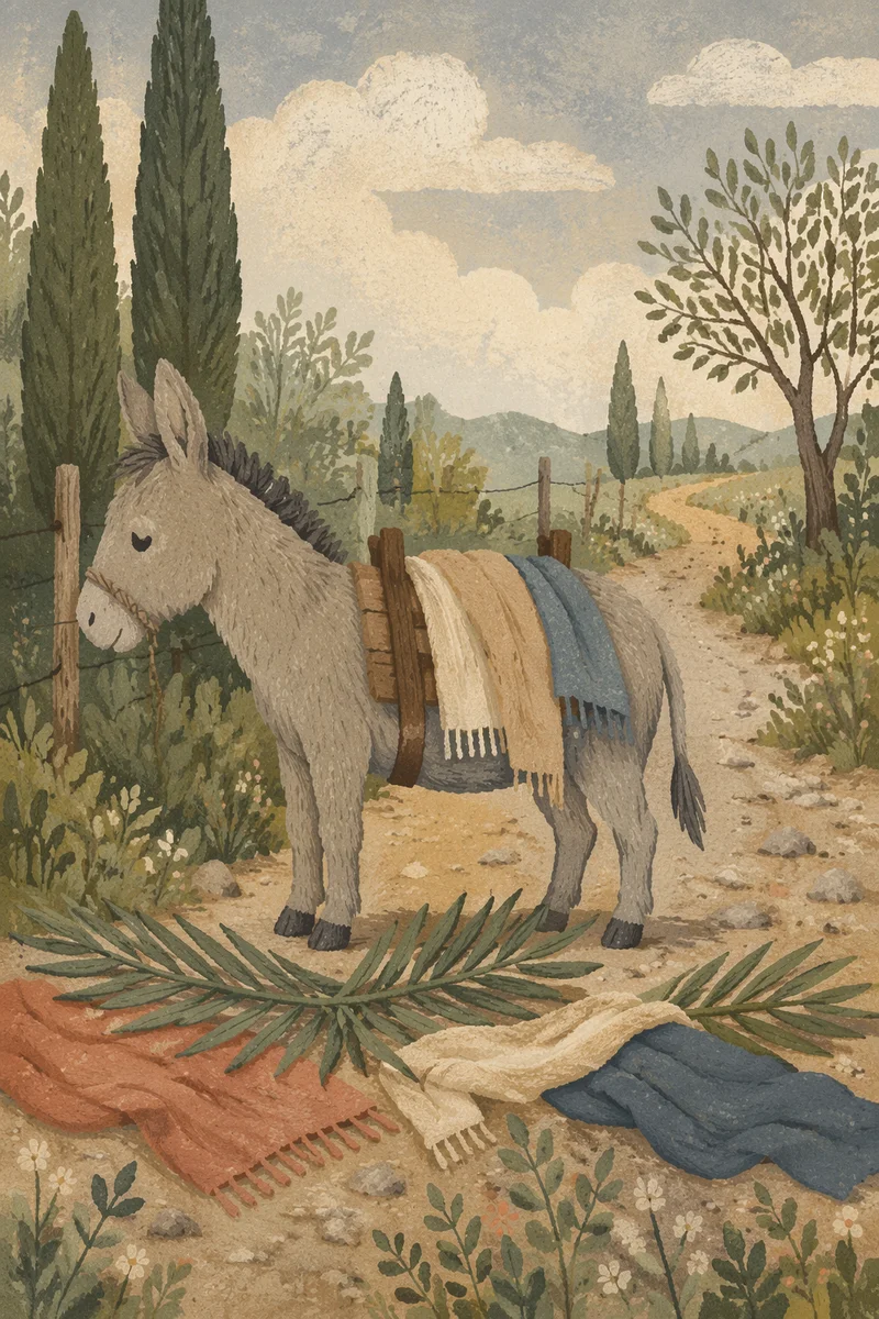Palm Sunday Donkey Beside Cloaks and Branches