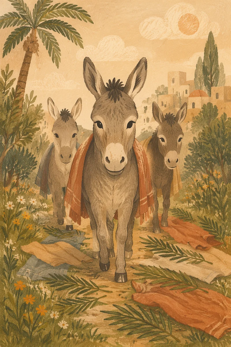 Palm Sunday Donkeys on Cloaked Path