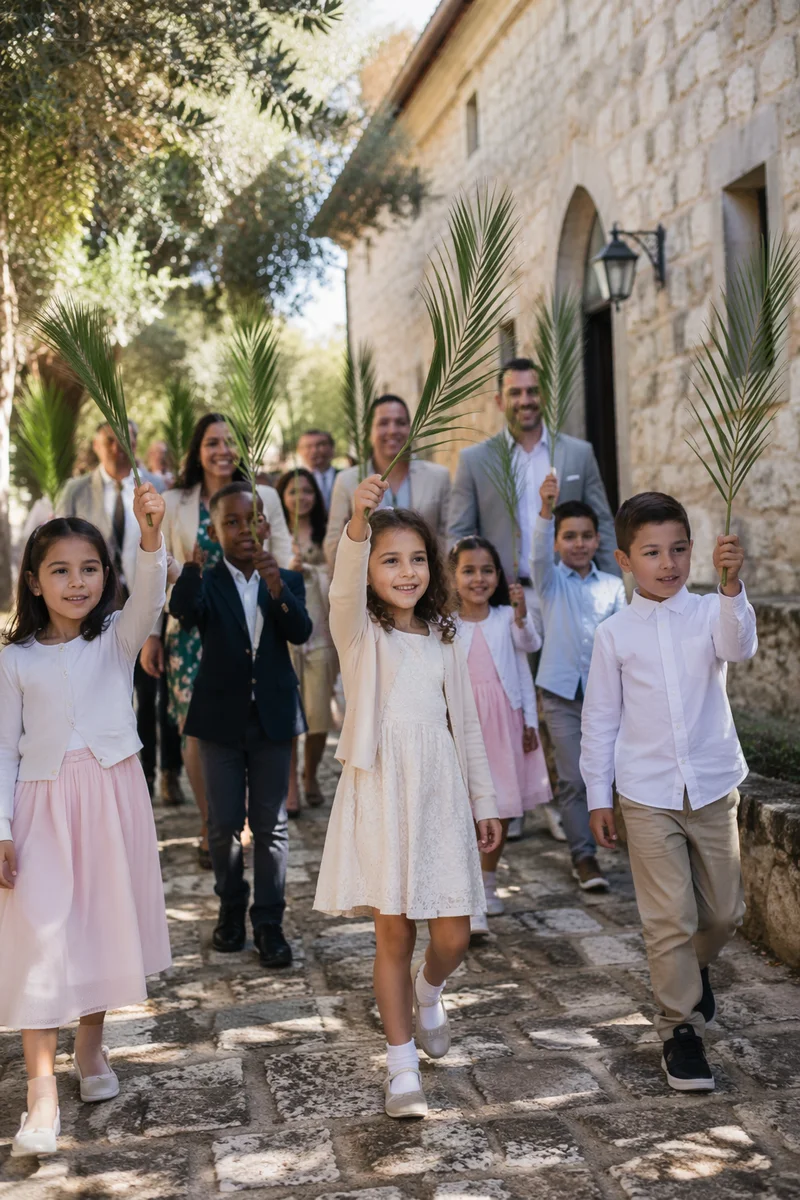 Children Waving Palm Branches by Church