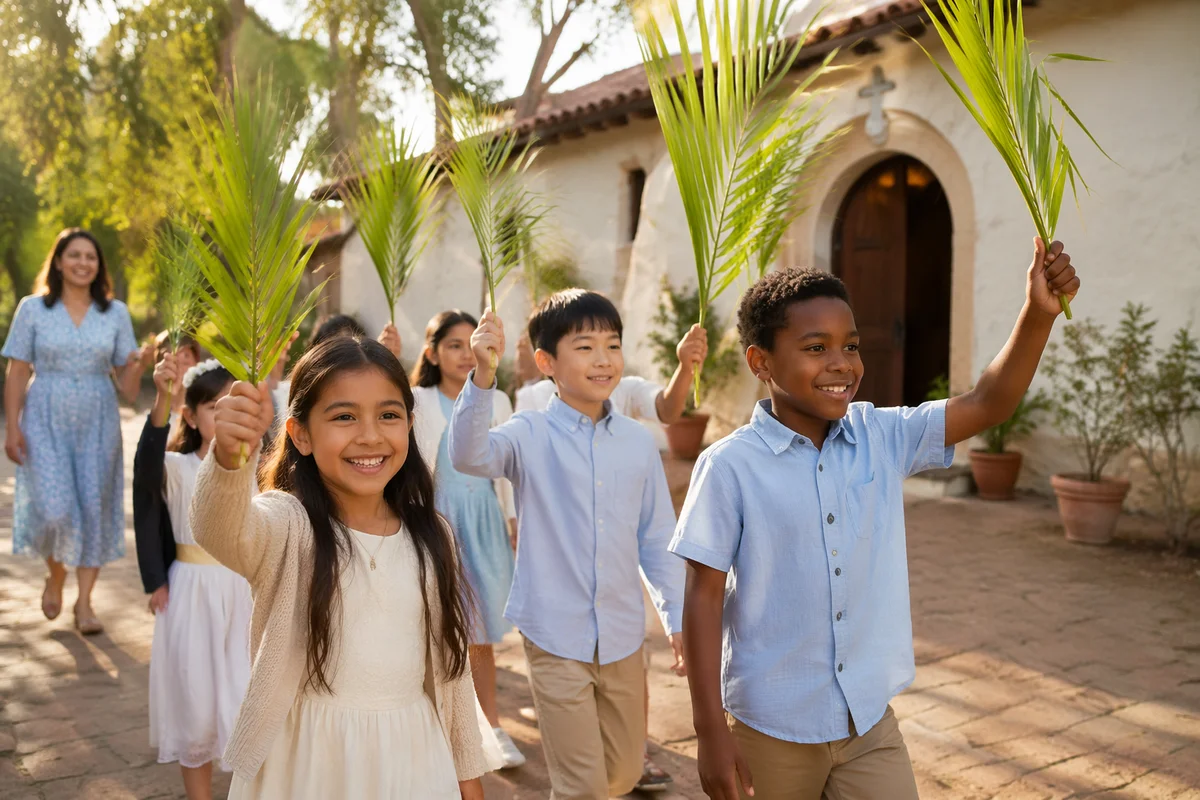 Children Waving Palm Branches by Church