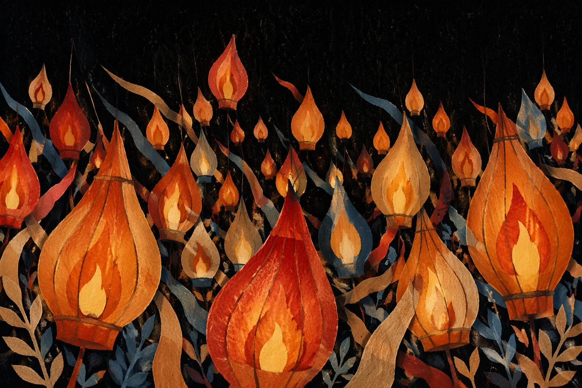 Glowing Pentecost Flame Lanterns in Darkness