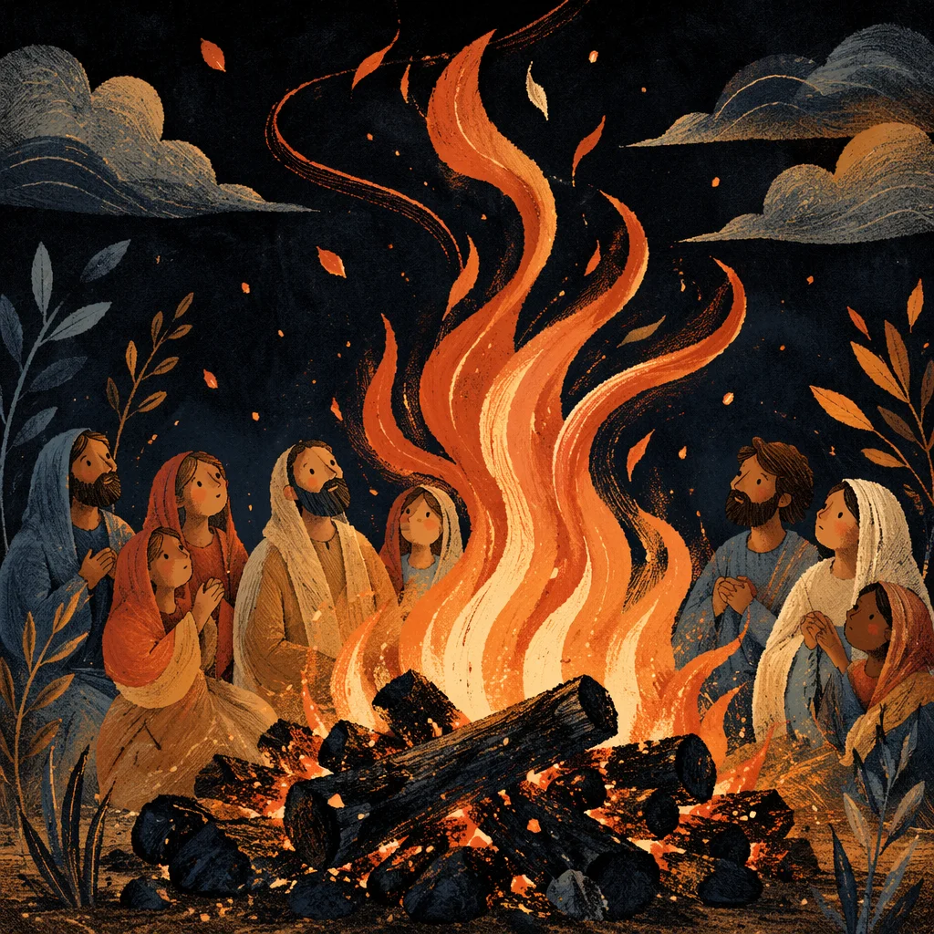 Wind Swept Pentecost Flames Over Charred Logs