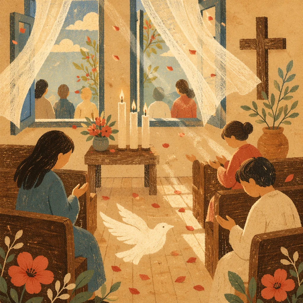 Pentecost Flames in a Sunlit Chapel