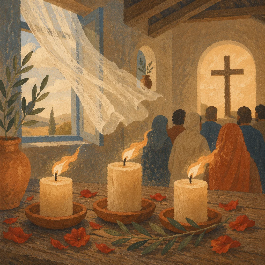 Pentecost Candle Flames in Wooden Chapel