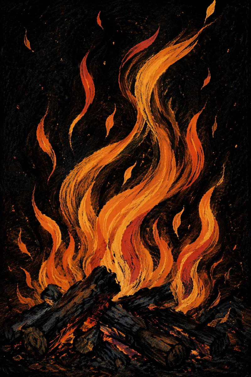 Pentecost Flames Over Charred Logs