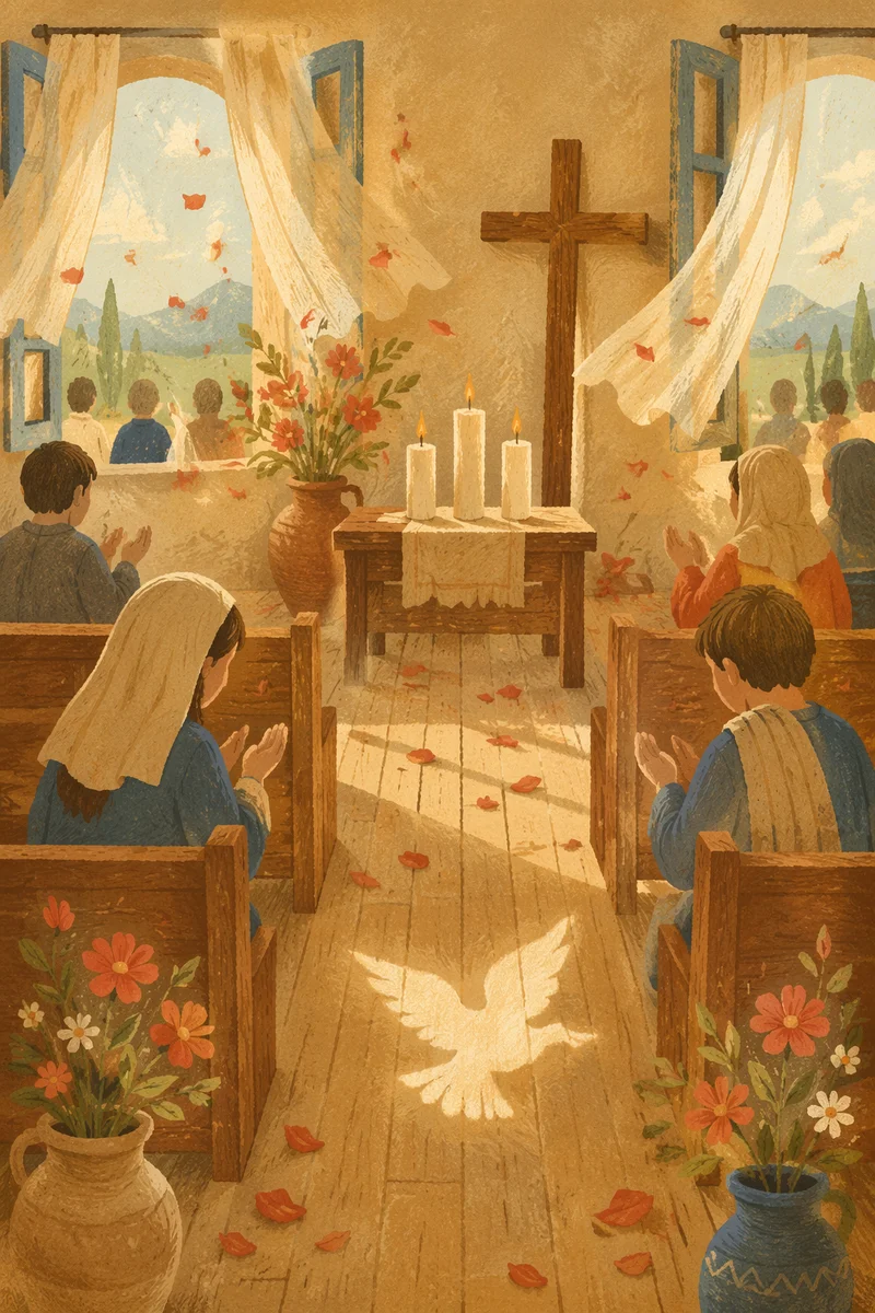 Pentecost Flames in a Breezy Wooden Chapel