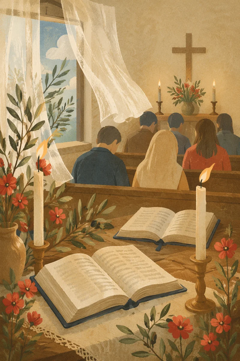 Pentecost Candle Flames in Wooden Chapel