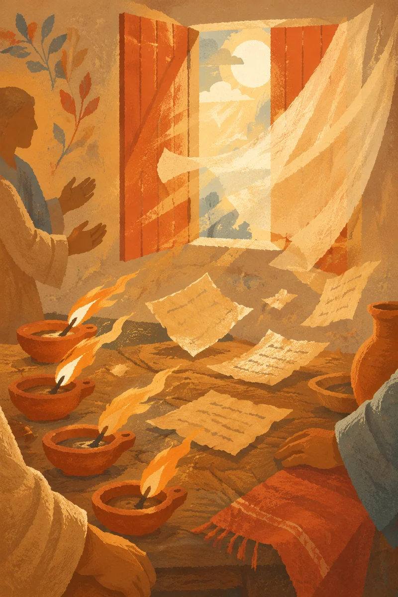 Pentecost Wind and Candle Flames in Upper Room
