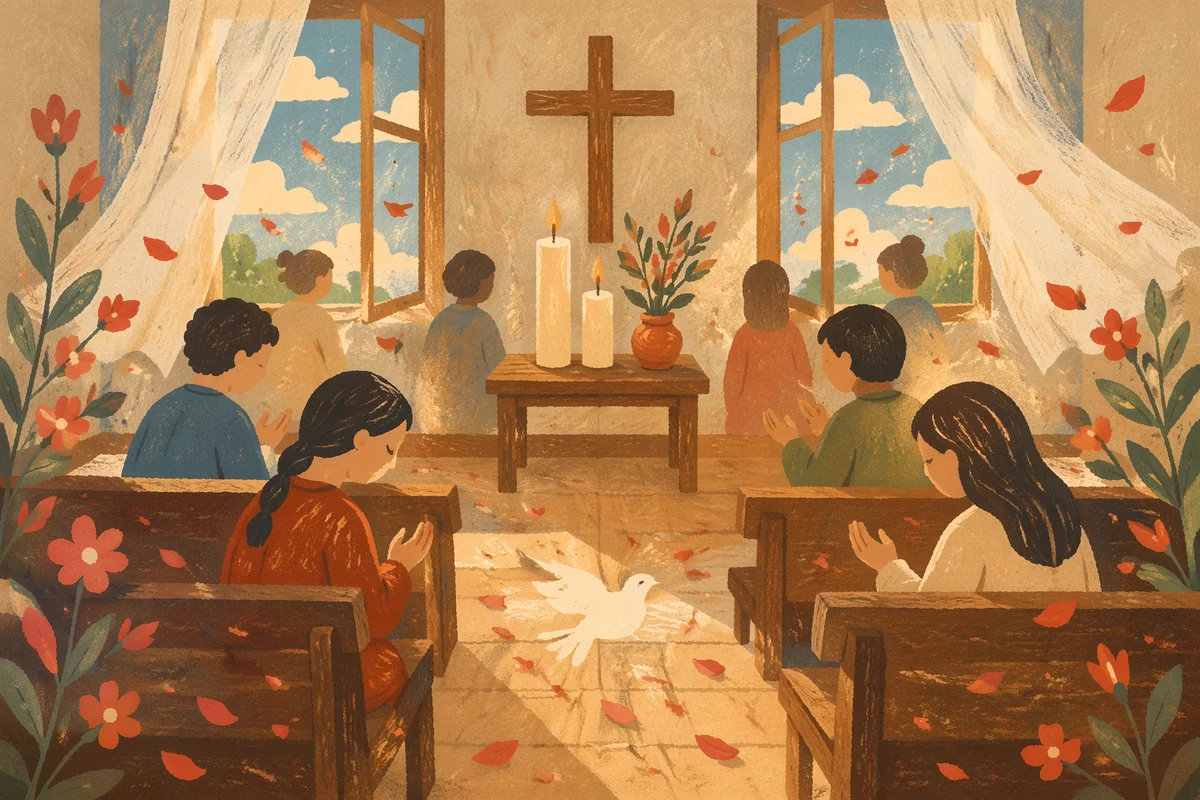 Pentecost Flames in a Breezy Wooden Chapel