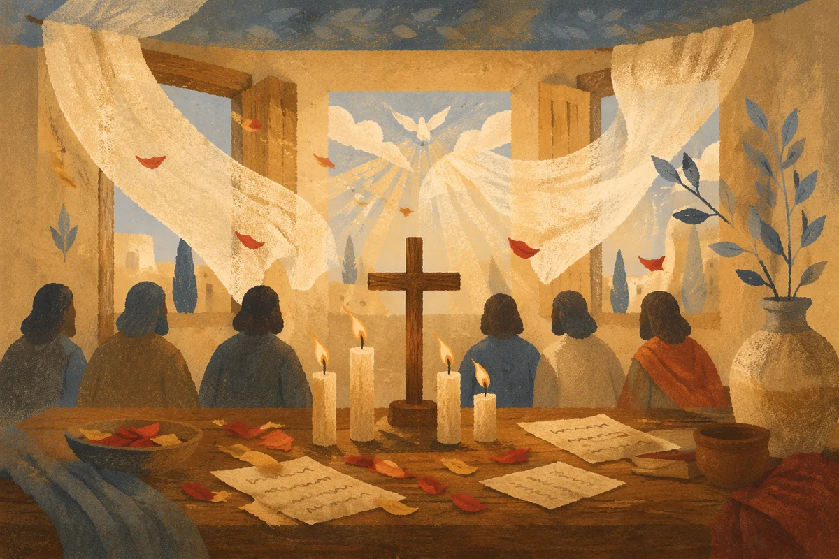 Pentecost Flames in a Windy Wooden Chapel