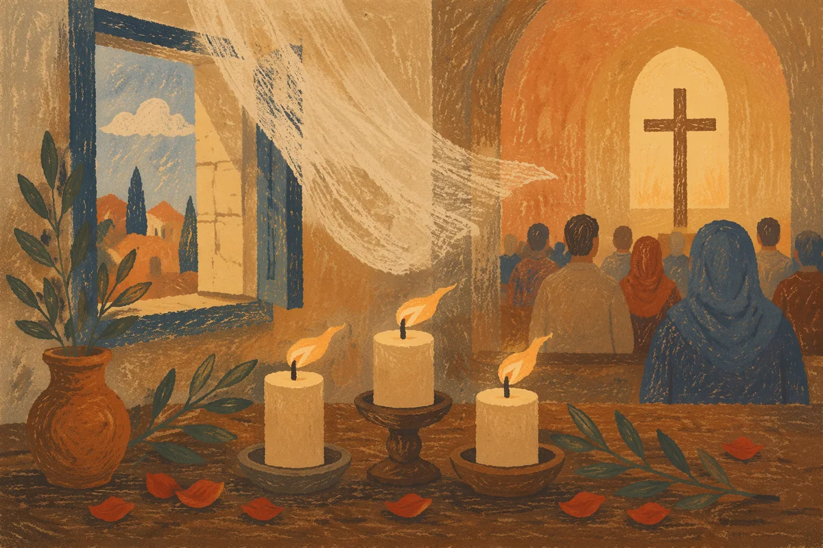 Pentecost Candle Flames in Wooden Chapel