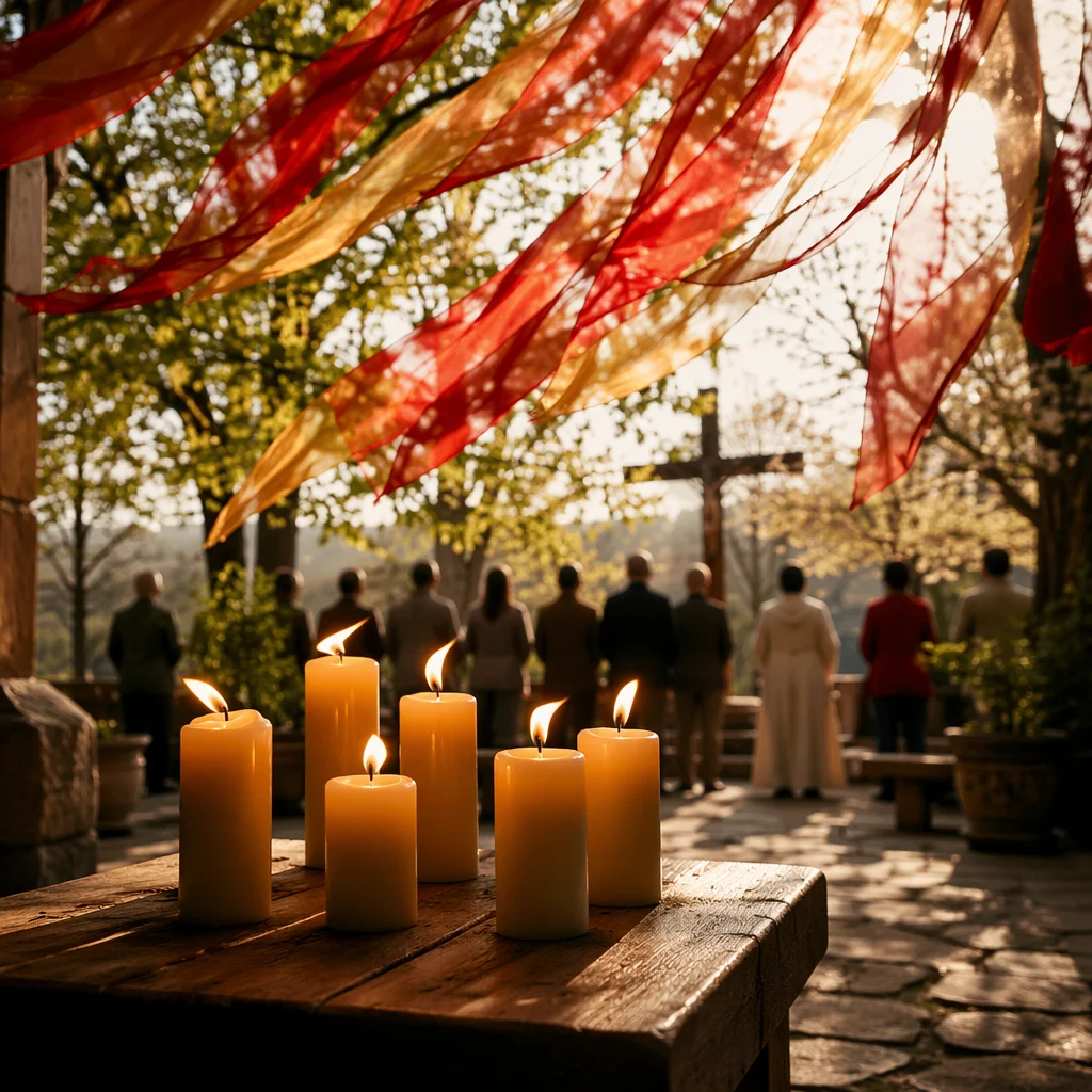 Pentecost Flames in a Spring Chapel Courtyard