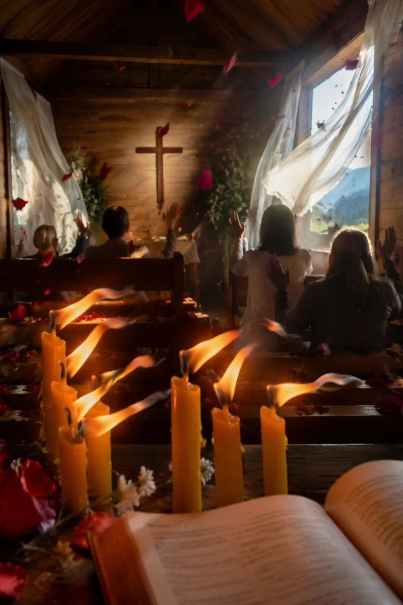 Pentecost Flames in Windy Wooden Chapel