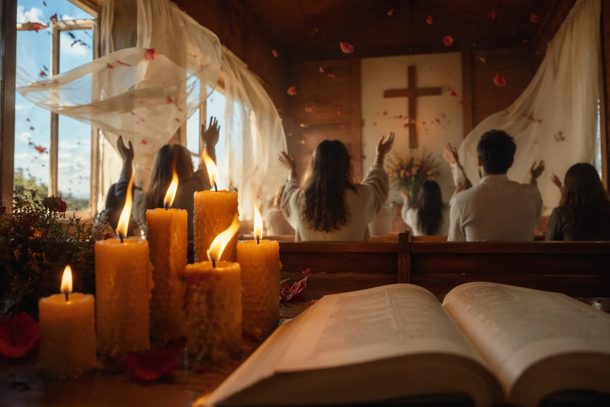 Pentecost Candle Flames in Wooden Chapel