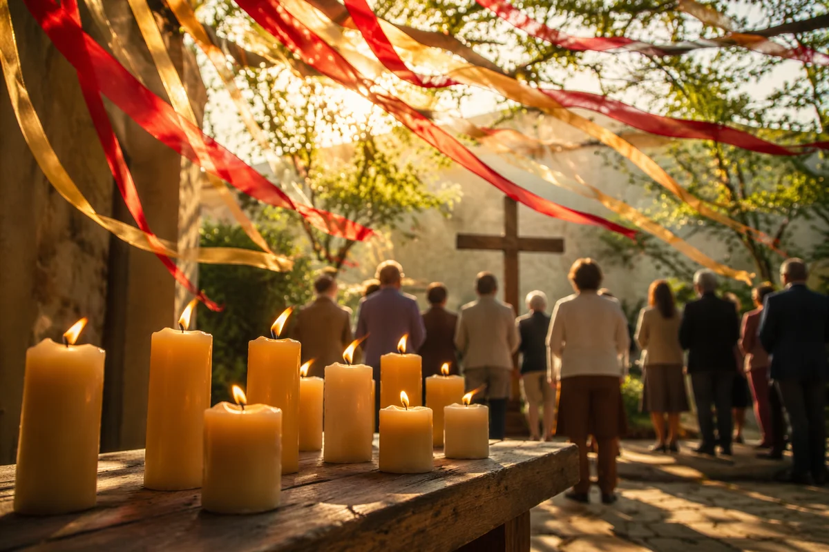 Pentecost Flames in a Spring Chapel Courtyard