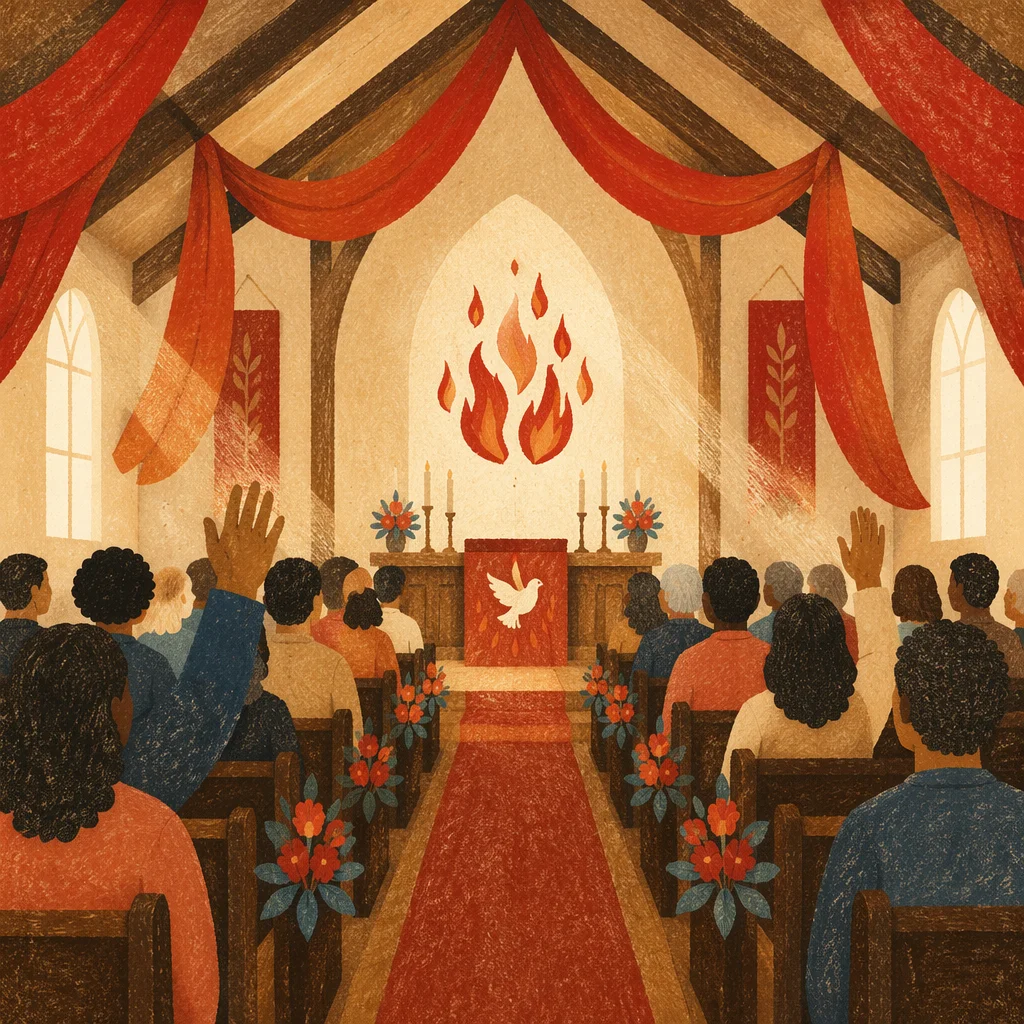Pentecost Sunday Red Banners in Sanctuary