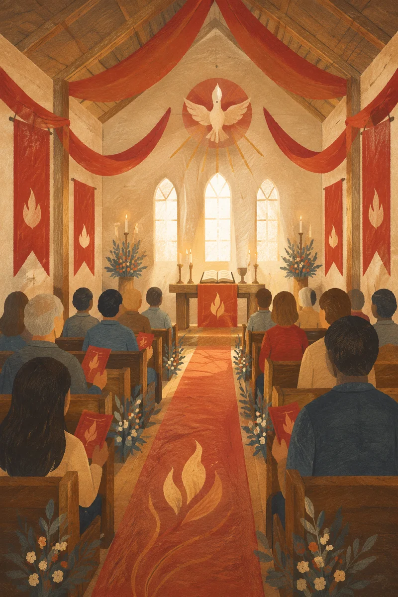 Pentecost Sunday Red Banners in Sanctuary