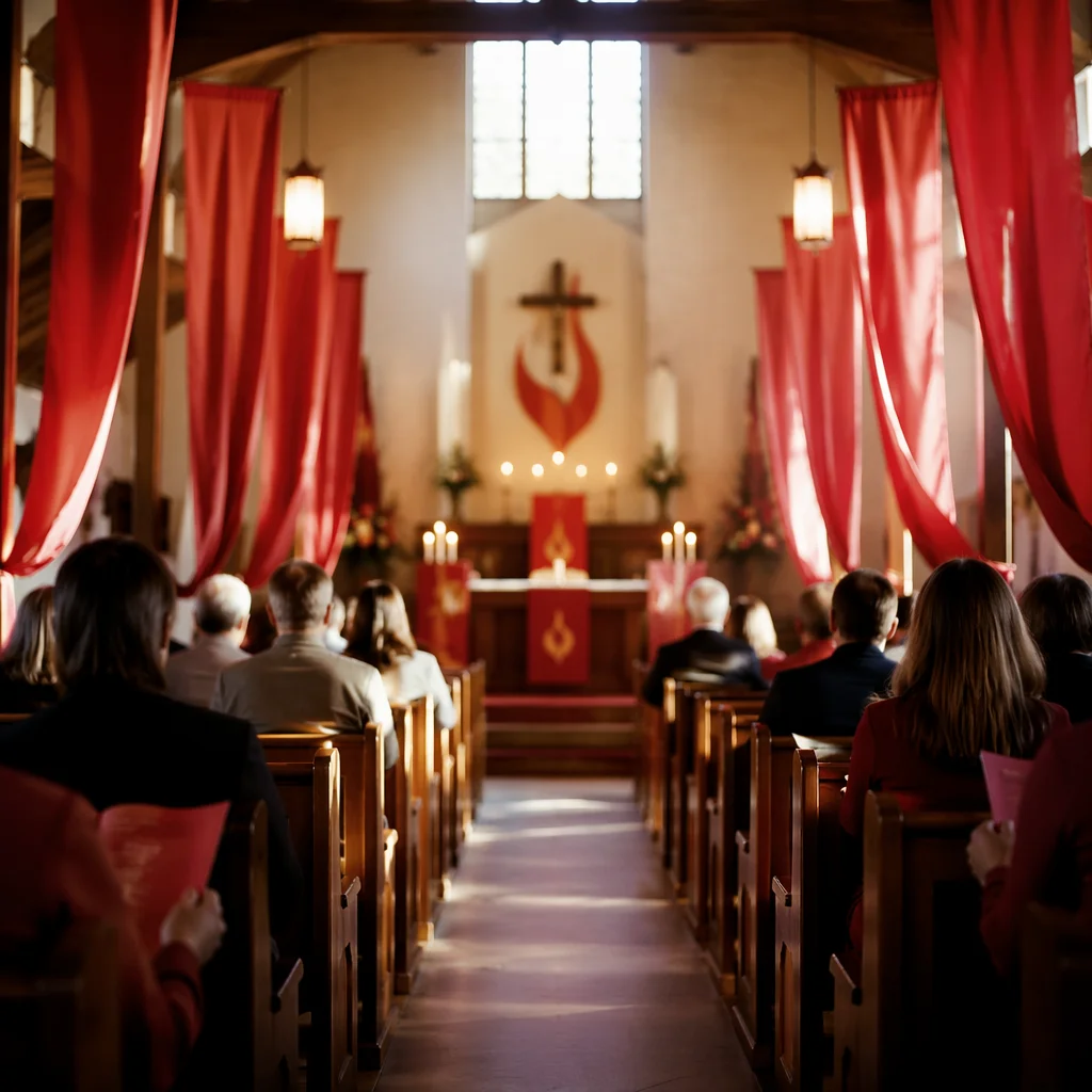 Pentecost Sunday Red Banners in Sanctuary