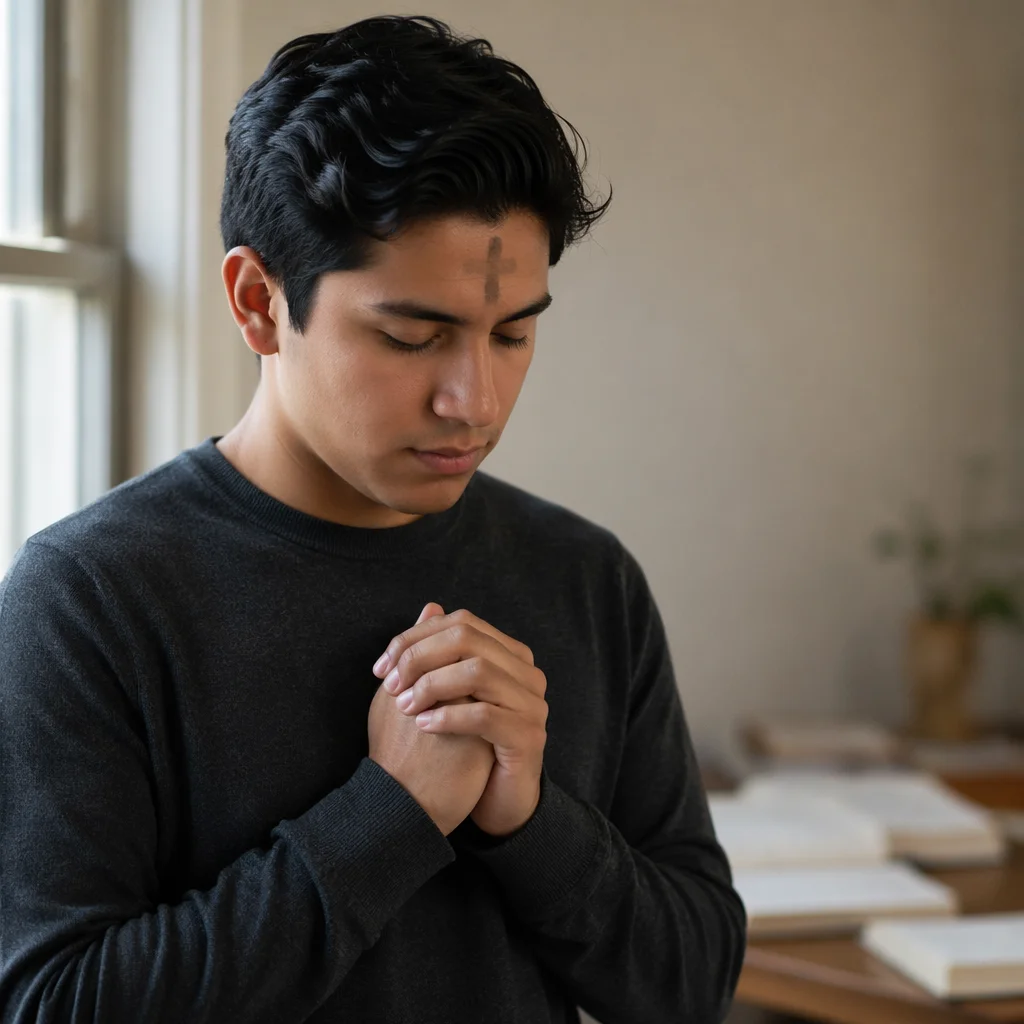 Young Man Praying by Sunlit Window