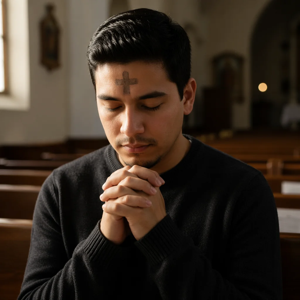 Young Man Praying in Church Interior