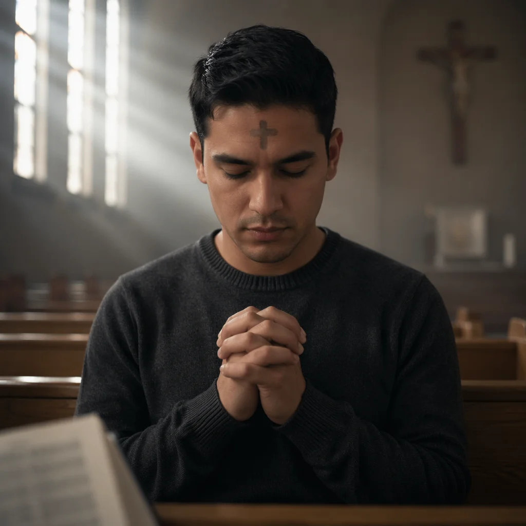 Young Man Praying in Church Interior
