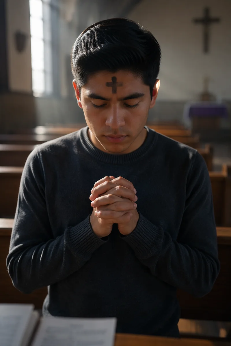 Young Man Praying in Church Interior