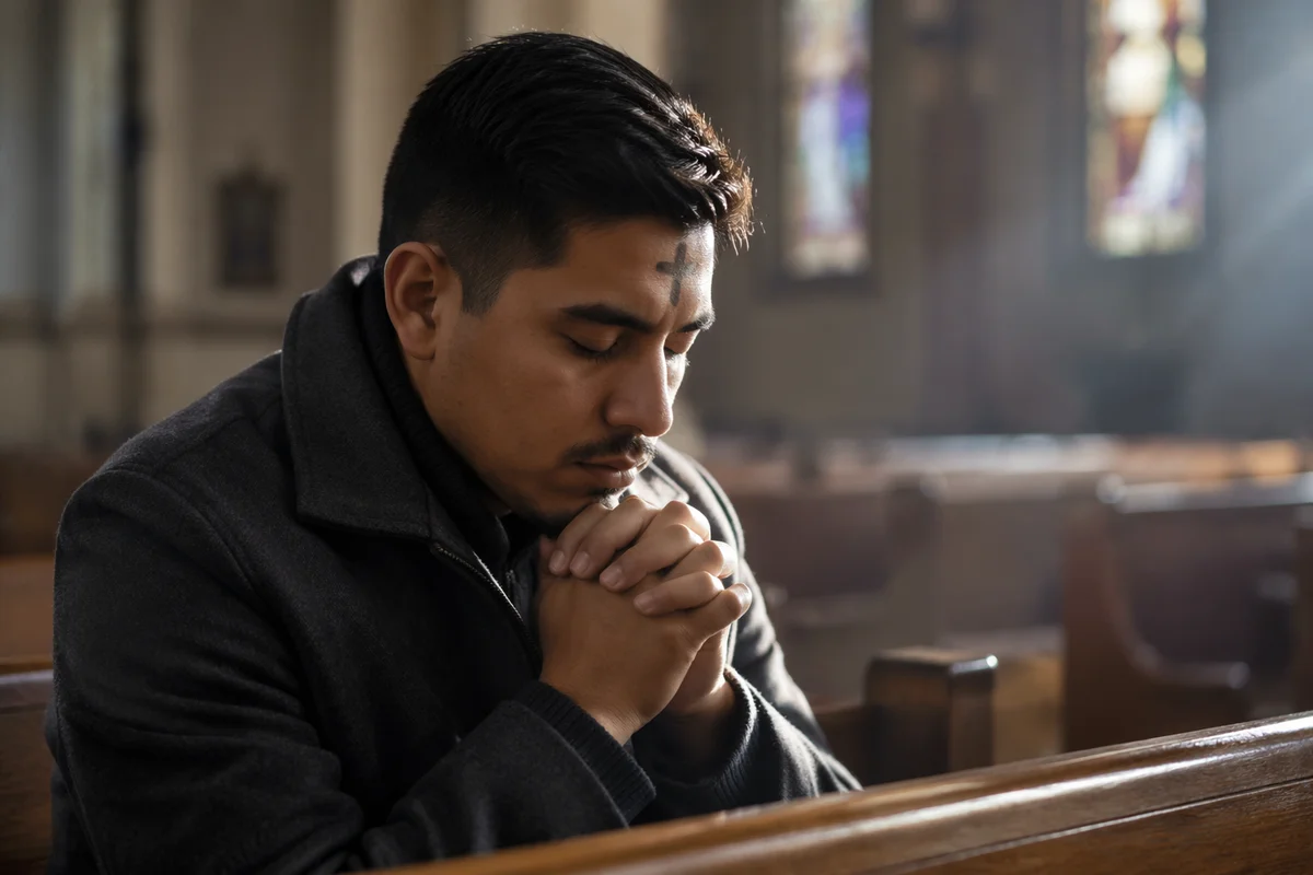 Man Praying in Church Pew