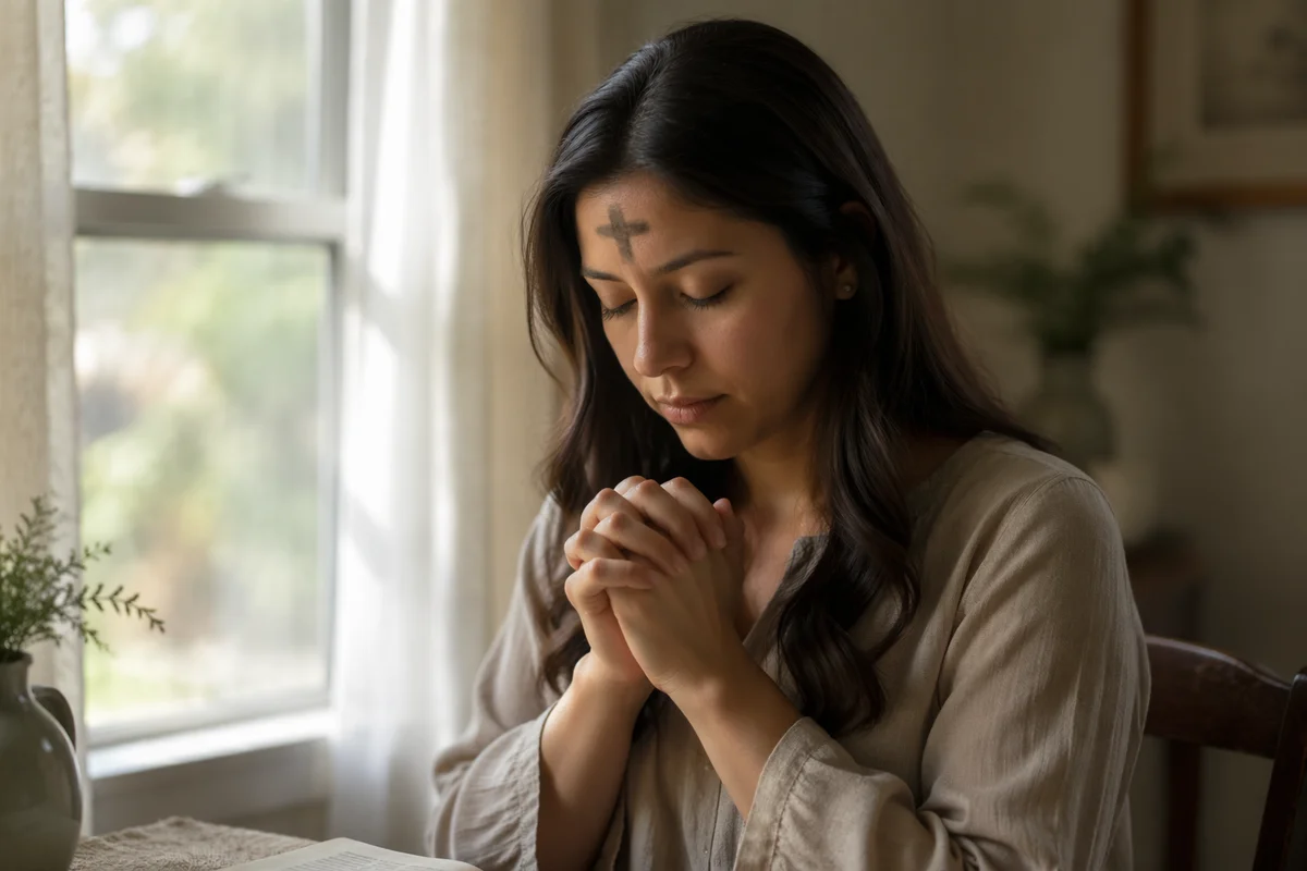 Woman Praying with Ash Cross Indoors