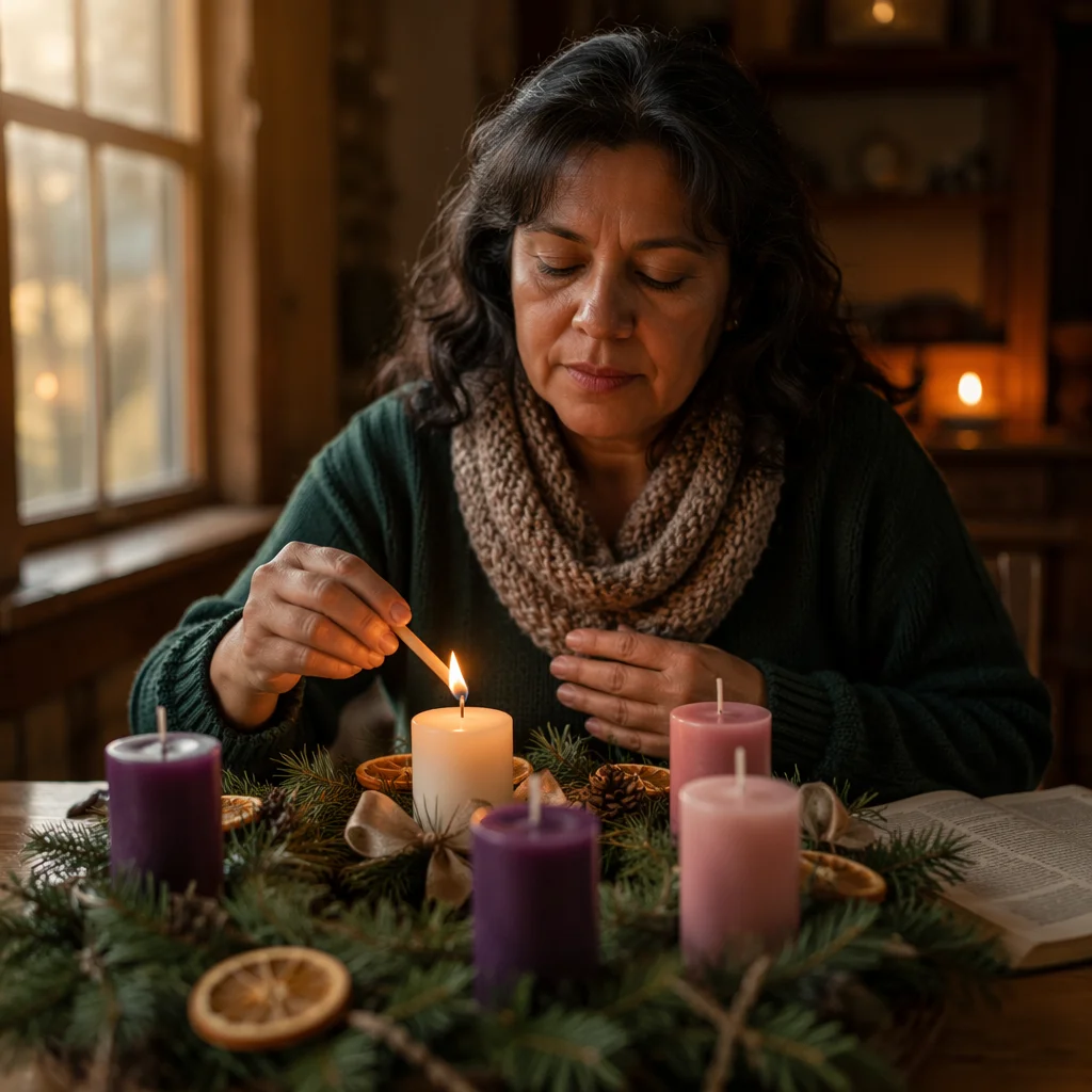 Woman Lighting Advent Wreath Candle